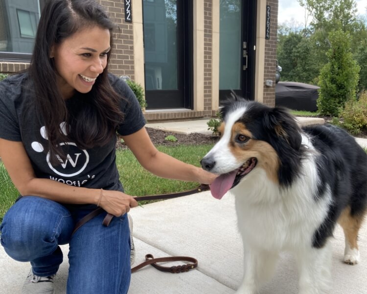 Woofies Pet Venture worker walking a dog